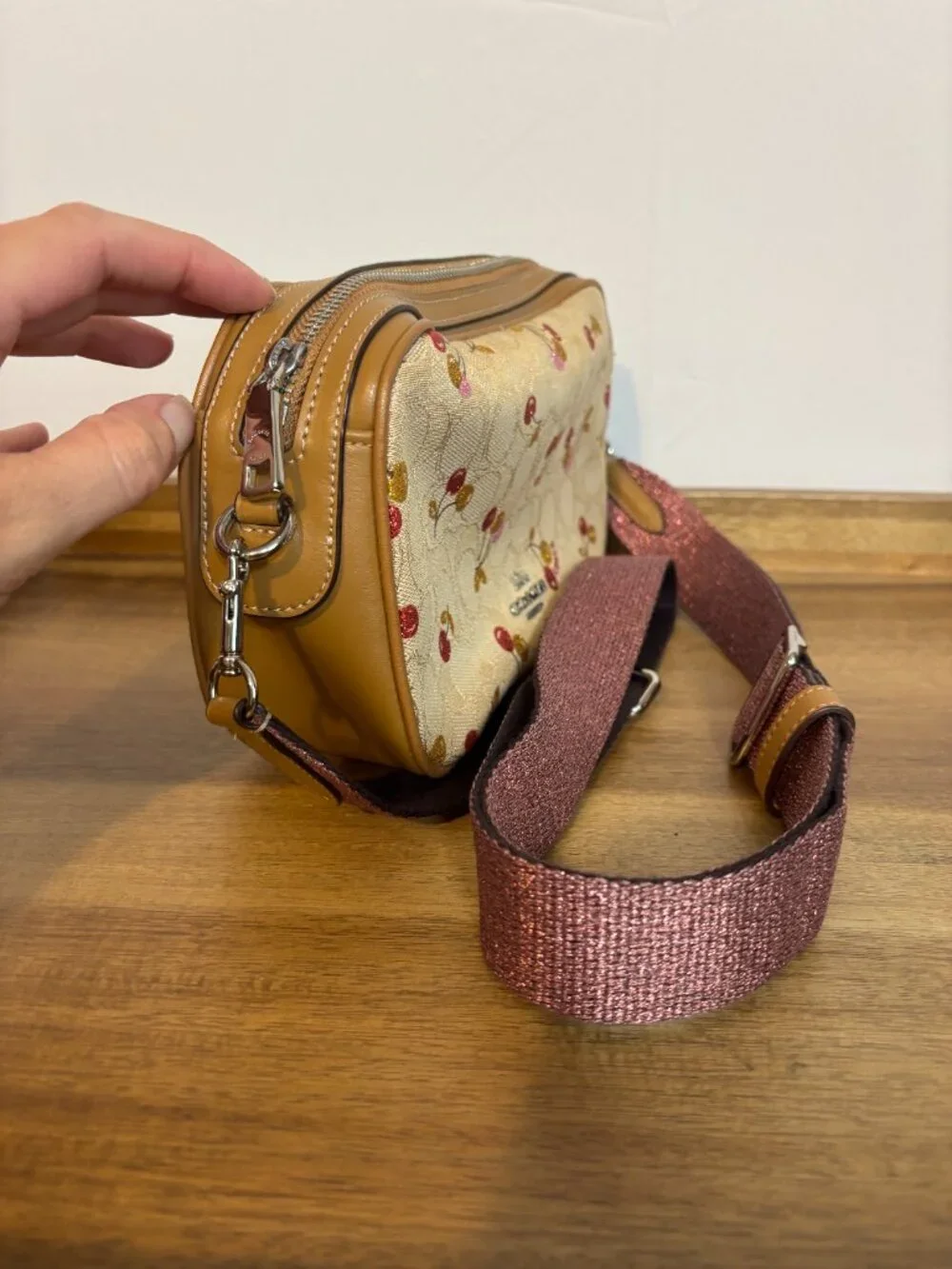 Coach Isla Signature Khaki Metallic Cherry Print Tan Leather Crossbody